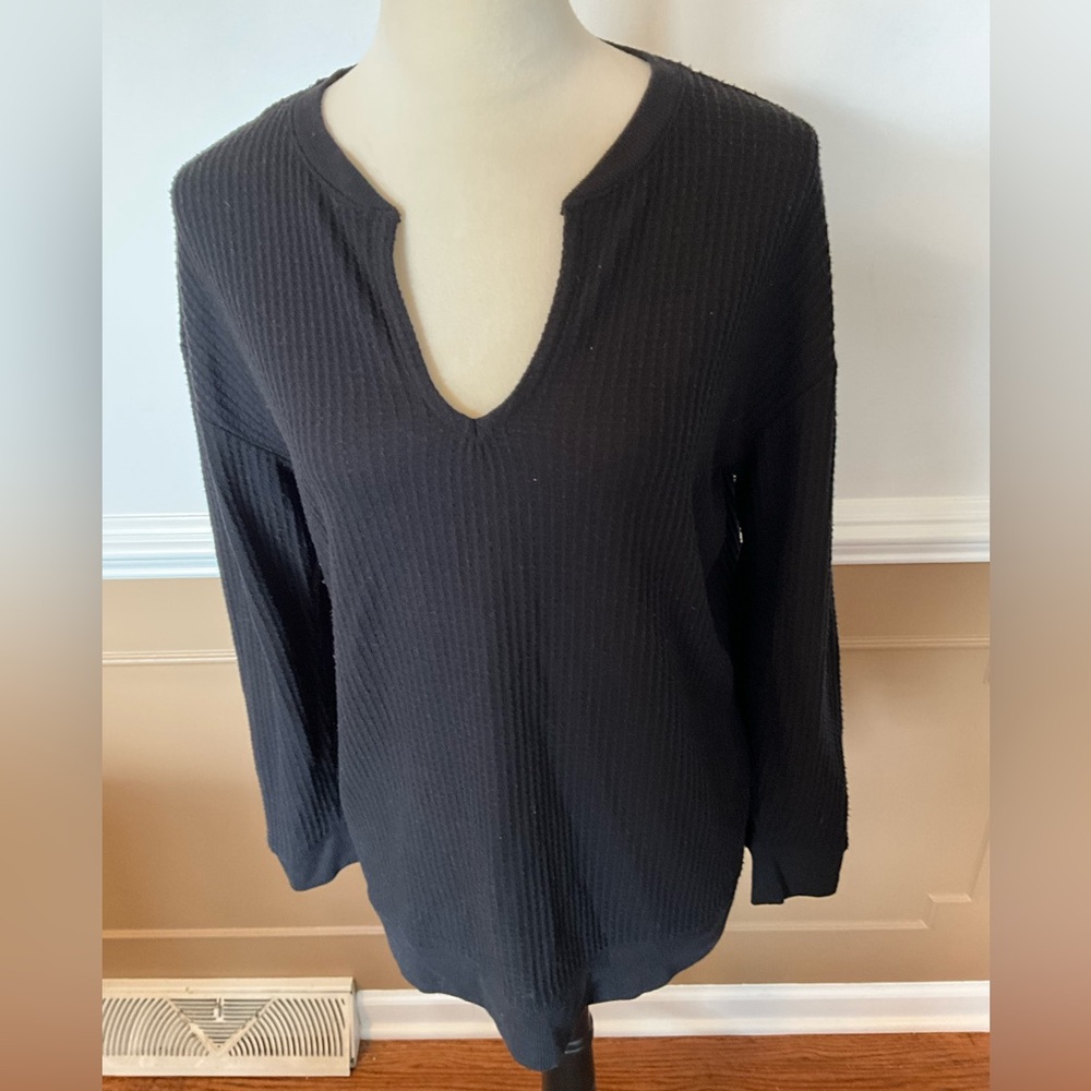 LOFT Black Waffle Knit V-Neck Pullover